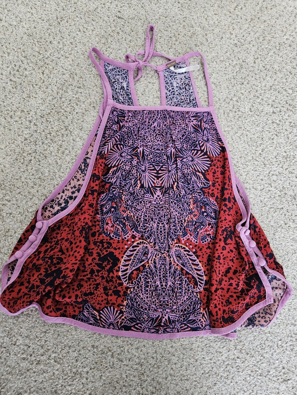 Free People XS Printed Open Side Tunic Tank Boho Strappy Tie Back Top